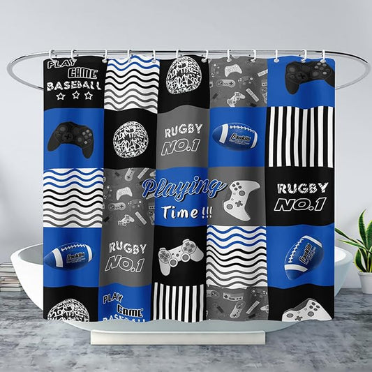 AILONEN Gamepad Shower Curtain,Navy Blue Ball Sports Bathroom Shower Curtain Sets for Boys Kids Teens, 72" W*72" H Gaming Gamer Theme Shower Curtain for Bathroom
