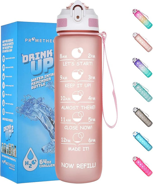 Prometheuz 32oz Water Bottle with Straw, Motivational Water Bottle with Time Marker, Water Bottles Leakproof & BPA-Free for Sports, Work and Fitness Rose Gold