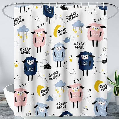 AILONEN Cute Sheep Shower Curtain for Bathroom,Constellation Star Clouds Printed Bath Curtain,Blue Pink Sheep Kids Curtain Waterproof with 2 Plastic Hooks 36" W*72" H