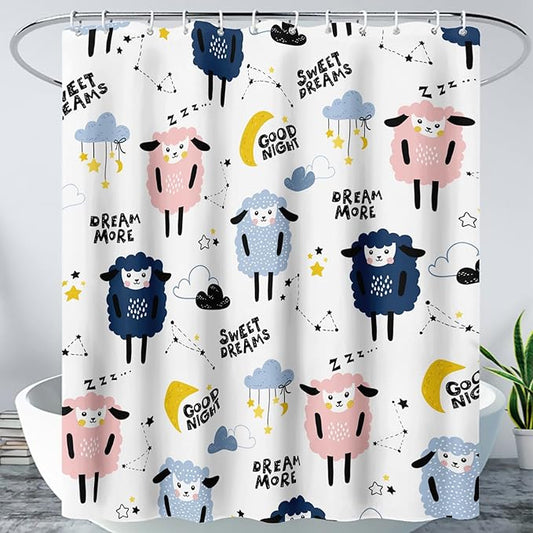 AILONEN Cute Sheep Shower Curtain for Bathroom,Constellation Star Clouds Printed Bath Curtain,Blue Pink Sheep Kids Curtain Waterproof with 2 Plastic Hooks 36" W*72" H