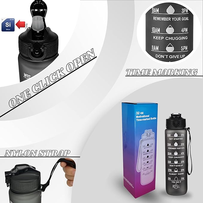 Leakproof Water Bottle with Straw & Lid - 32oz Motivational BPA Free Water Bottle with Time Markings & Straw Lid for Sports & Outdoors - Ensure Hydration with Leakproof Bottle and Straw