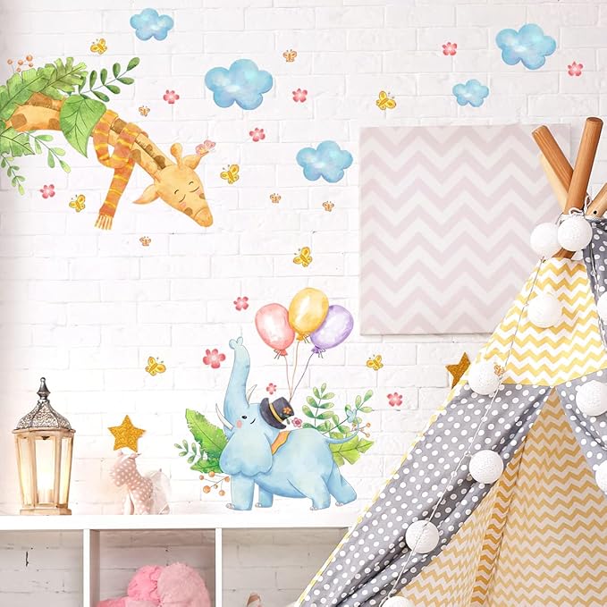 Cartoon Animal Wall Decals - Blue Elephant & Brown Giraffe with Balloons - 90x30cm Peel & Stick Design