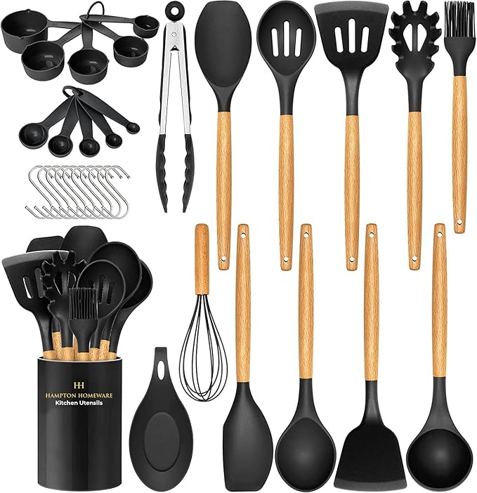 Kitchen Utensils Set, 33 pcs Non-Stick Silicone Cooking Utensils Set, Heat-Resistant Silicone, Wooden Utensils for Cooking, Kitchen Gadgets Spatula Set, Apartment Essentials Kitchen Set (Black)