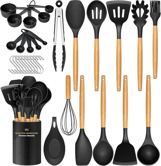 Kitchen Utensils Set, 33 pcs Non-Stick Silicone Cooking Utensils Set, Heat-Resistant Silicone, Wooden Utensils for Cooking, Kitchen Gadgets Spatula Set, Apartment Essentials Kitchen Set (Black)