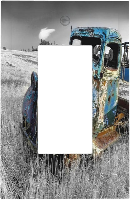 Vintage Country Old Blue Truck 1 Gang Rocker Light Switch Plate Rustic Automobile Single Decora Outlet Wall Plate Cover Faceplate Decorative Switchplate GFCI for Bathroom Bedroom Livingroom Decorate