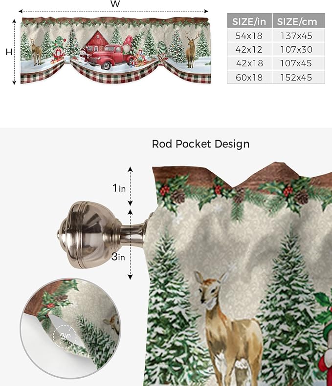 Christmas Farmhouse Blackout Tie Up Valance Curtains for Kitchen Windows Red Truck Gnomes Window Toppers Balloon Shades for Living Room/Bathroom/Bedroom,1 Panel,54" X 18" Winter Holiday Snowman