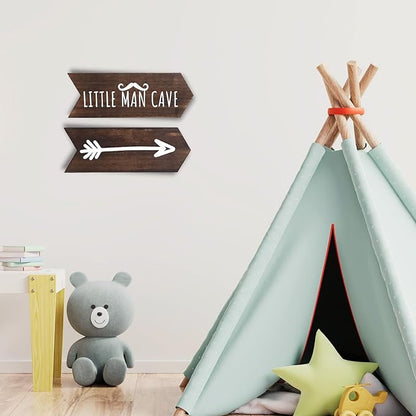 Nursery Wall Decor - 2 Pcs Little Man Cave Sign, Baby Boy Woodland Nursery Decor for Kids Toddler Bedroom Playroom Sign Decoration, Wooden Arrow Wall Art Brown (14 inch)