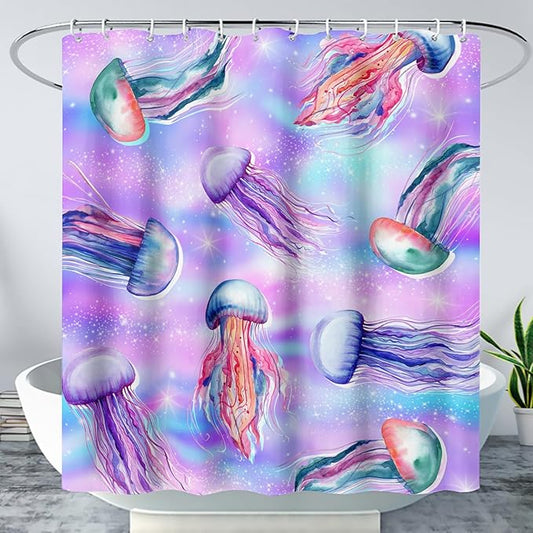 AILONEN Jellyfish Shower Curtain,Cartoon Sea Animal Jellyfish Bath Curtain Set for Kids Girls,Tie Dye Starry Night Fabric Shower Curtains for Bathroom, 72" W*84" H