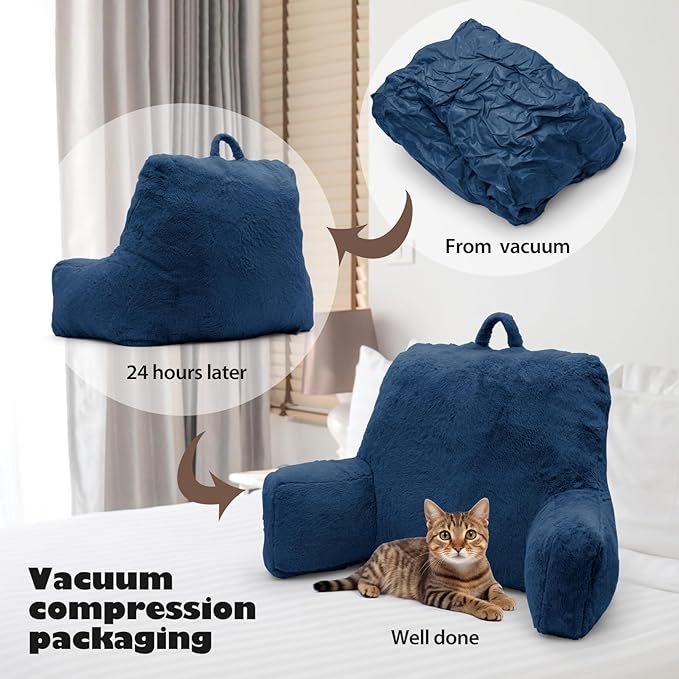 Reading Pillow Large Bed Pillow,Backrest with Arms, Back Support for Sitting Up in Bed, Couch for Lounging Bedrest,Blue