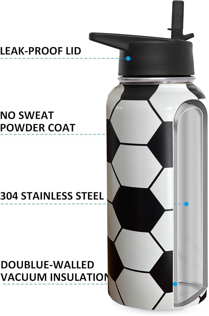 32 oz Soccer Water Bottle Insulated Vacuum Stainless Steel Sports Water Bottle with 2 Lids (Straw and Spout Lid) for Gym Camping Hiking