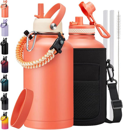 64 oz Insulated Water Bottle - Half Gallon Water Bottle Stainless Steel Flask, Keep Cold-48H & Hot-24H,1/2 Gallon Hydro Jug Sports Gym Water Bottle with Straw, Paracord Handle & Strap Carrier Pouch