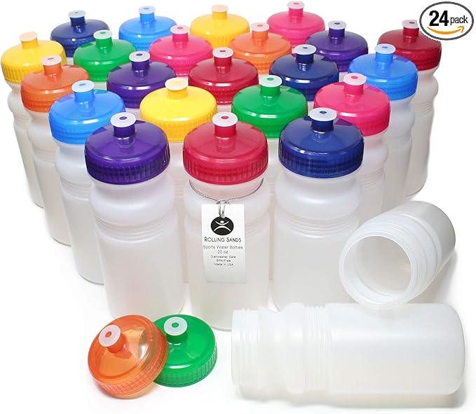 Rolling Sands 20 Ounce Sports Water Bottles 24 Pack, BPA-Free, Made in USA, Dishwasher Safe, Clear Frost Bottles/Variety