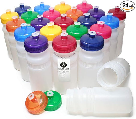 Rolling Sands 20 Ounce Sports Water Bottles 24 Pack, BPA-Free, Made in USA, Dishwasher Safe, Clear Frost Bottles/Variety