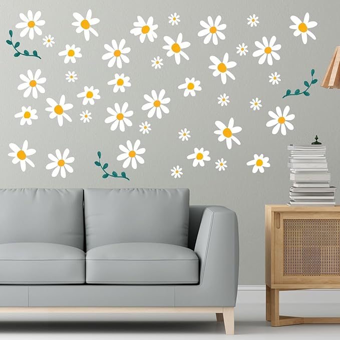 96pcs Cute Daisy Flowers Wall Sticker PVC Colorful Y2k Floral Wall Decor Vinyl Peel and Stick Flowers Stickers for Teen Girls Boy Kids Nursery Bedroom Kindergarten(12 Sheets)