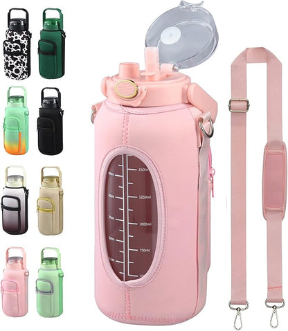Half Gallon 64oz Glass Water Bottle with Straw and Storage Sleeve Motivational Water Bottle with Strap and Time to Drink 2L Leakproof Reusable Water Jug for Fitness Gym and Outdoors