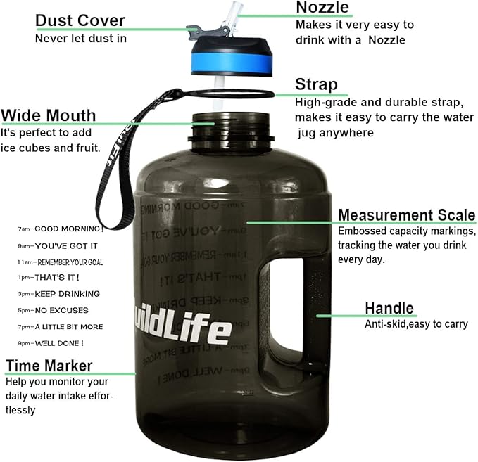QuiFit Motivational Gallon Water Bottle - with Straw & Time Marker BPA Free Large Reusable Sport Water Jug with Handle for Fitness Outdoor Enthusiasts Leak-Proof