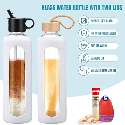 32oz Glass Water Bottle With 2 Lids-Flip Straw Lid, Bamboo Lid, Glass Water Bottle With Silicone Sleeve, Motivational Time Marker, Glass Juice Bottle for Cold Drink,White