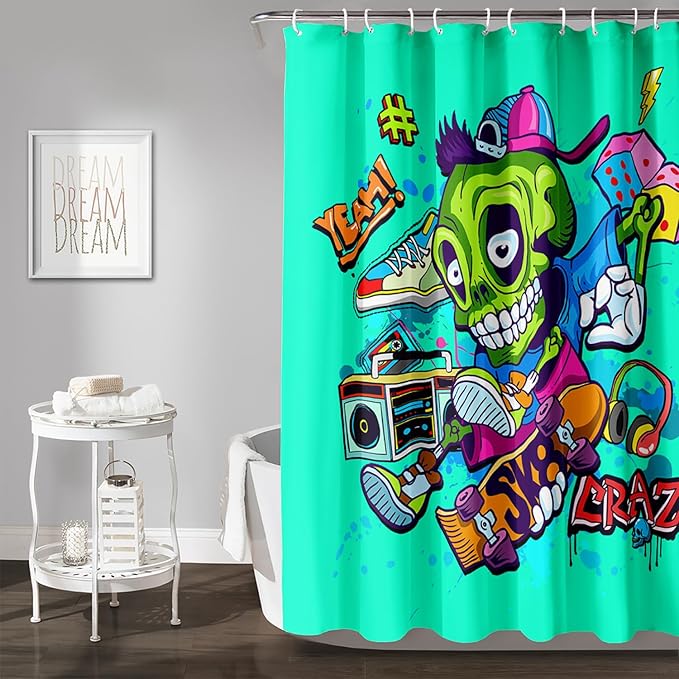 AILONEN Skate Skull Shower Curtain for Bathroom,Green Hip Hop Sport Skull Art Bathroom Curtain for Kids Girls Teen,Bath Curtain 72" W*84" H Polyester Waterproof Bathroom Curtain with 12 Hooks