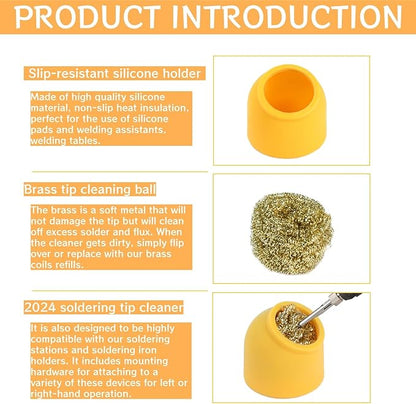 Kaisiking Soldering Iron Tip Cleaner Kit 3Pcs Solder Tip Cleaning Brass Wire with Silicone Holder & Soldering Iron Stand, Non-slip Solder Tip Cleaners Accessories