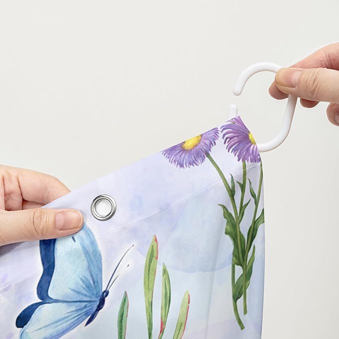AILONEN Purple Flower Butterfly Shower Curtain 60" W*72" H,Spring Floral Girls Bathroom Decor,Modern Tie Dye Watercolor Butterfly Bath Curtain Polyester Waterproof Bathroom Curtain with Hooks