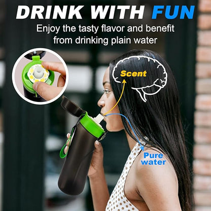 Air Water Bottle with Flavor Pods, 25 OZ Tritan Sports Water Bottle with Straw, Scented Water Bottle with Handle (Black Green+8 Flavor Pods)