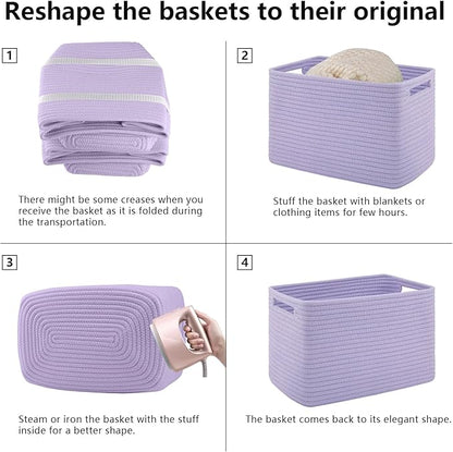 4 Pack Storage Baskets for Organizing Toys, Towels, and Clothes, Woven Basket for Shelves, Sturdy Nursery Cube Bins for Storage, 13''L x9''W x7.8''H, Purple
