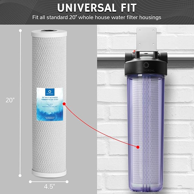 Airthereal 20" x 4.5" Whole House Sediment Activated Carbon Water Filter, 5 Micron 20-inch CTO Water Filter Replacement Cartridge for City and Well Water, 4-Pack