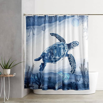AILONEN Blue Sea Turtle Shower Curtain Set for Bathroom,Cartoon Turtle and Water Plant Bath Curtain,Kawaii Ocean Animal Theme Waterproof Fabric Shower Curtain with Hooks,48" W*72" H