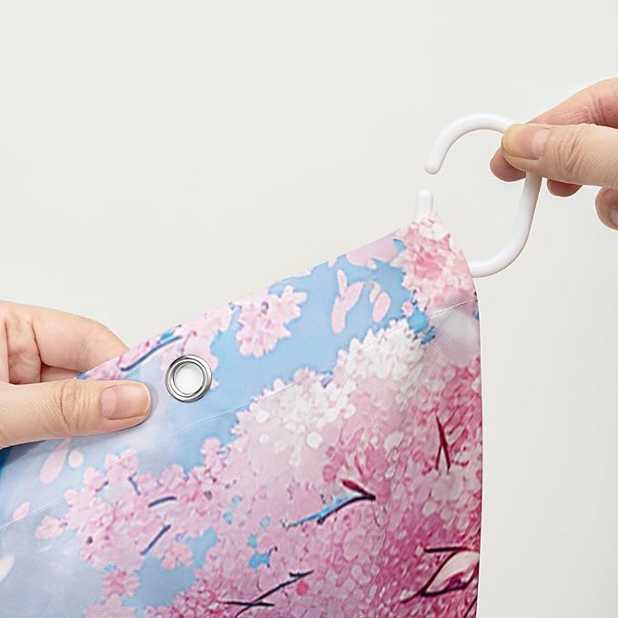 AILONEN Lovely Cat Shower Curtain Set, Pink Cherry Blossom Waterproof Fabric Shower Curtain for Kids Boys Girls,Fat Kitty Cloth Shower Curtain for Bathroom,72" W*72" H