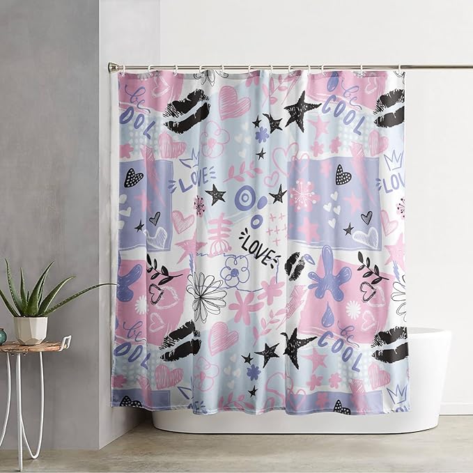 AILONEN Love Lipstick Shower Curtain,Stars with Flowers Theme Waterproof Fabric Shower Curtain Set for Girls Boys Kids Teens, 72" W*96" H Purple Graffiti Shower Curtain Set