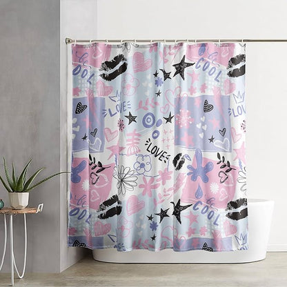 AILONEN Love Lipstick Shower Curtain,Stars with Flowers Theme Waterproof Fabric Shower Curtain Set for Girls Boys Kids Teens, 72" W*72" H Purple Graffiti Shower Curtain Set