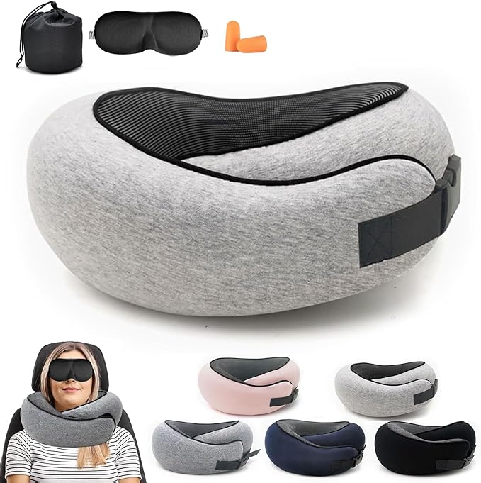 2024 Memory Foam Neck Pillow 360 Degree Neck Support Travel Pillows for Airplanes and Long Flight Travel Neck Pillow (Grey-with Strap)