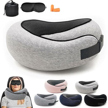 2024 Memory Foam Neck Pillow 360 Degree Neck Support Travel Pillows for Airplanes and Long Flight Travel Neck Pillow (Grey-with Strap)