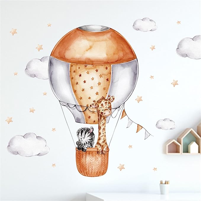 Waterproof Removable Vinyl PVC Hot Air Balloon Zebra Giraffe Safari Animal Wall Decal Wall Sticker Decor Wallpaper Peel Art for Nursery Kidsroom School Classroom Livingroom Bedroom Bathroom