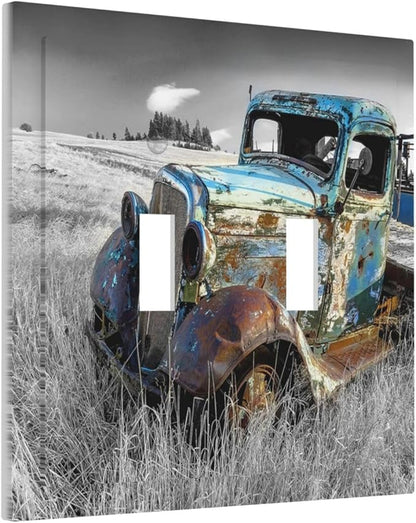 Vintage Country Old Blue Truck Double Toggle Light Switch Cover Decorative Rustic Automobile 2 Gang Wall Plate Electrical Faceplate Switchplate for Bathroom Bedroom Living Room Decor