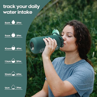 74 oz Glass Water Bolttles with Straw Large Motivational Water Bottle with Time Marker Sports Water Bottles with Silicone Sleeve and Handle Lid 2.2L Water Jug for Gym Workout