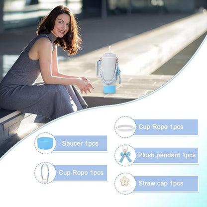 BELSITA Stanley Cup Accessories Set, Bow Pearl Chain Braided Design Water Bottle Handle Strap, Silicone Stanley Cup Boot, Stanley Charms for Stanley Cup 30/40oz Tumble (Blue)