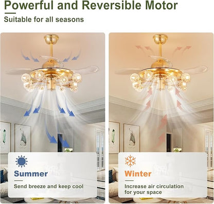 48" Chandelier Ceiling Fans with Lights: 12-Light Sputnik Crystal Ceiling Fan Chandelier - Modern Retractable Fandelier Ceiling Fan for Dining Living Room Bedroom - Gold Fandelier with Lights