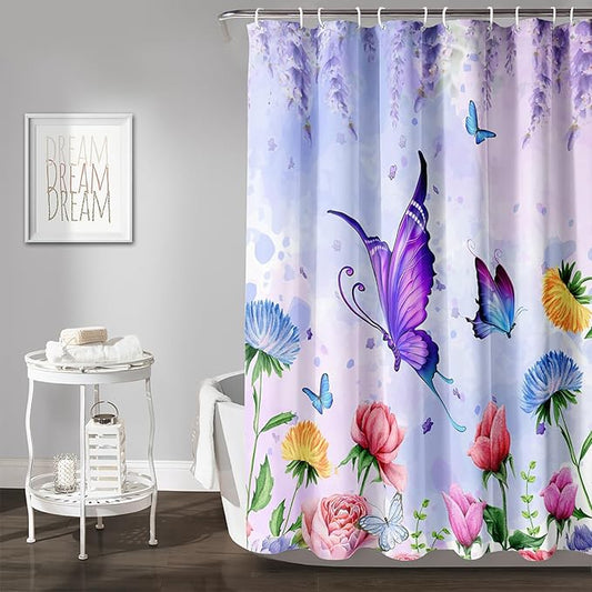 AILONEN Girls Butterfly Shower Curtain for Bathroom,Colorful Floral Flower Purple Watercolor Butterfly Printed Bath Curtain 36" W*72" H Polyester Fabric Waterproof Bathroom Curtain with 12 Hooks