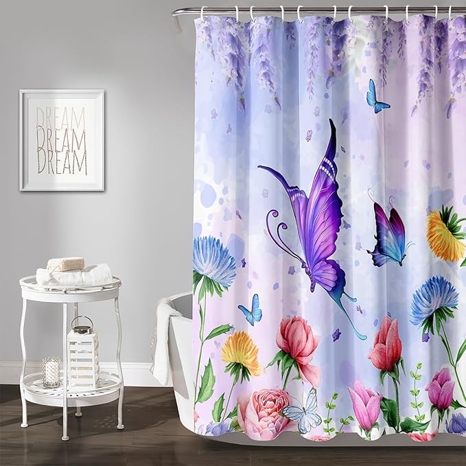 AILONEN Girls Butterfly Shower Curtain for Bathroom,Colorful Floral Flower Purple Watercolor Butterfly Printed Bath Curtain 60" W*72" H Polyester Fabric Waterproof Bathroom Curtain with 12 Hooks