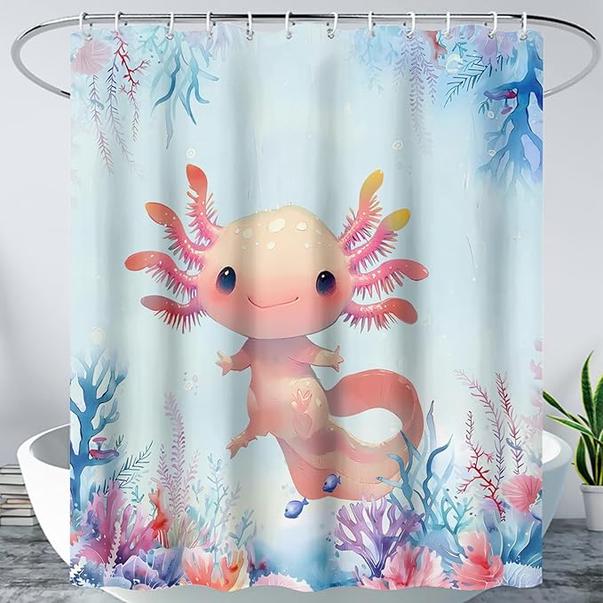AILONEN Axolotl Shower Curtain for Bathroom,Watercolor Axolotl Coral Bath Curtain for Kids Girls,Ocean Animal Salamander Blue Shower Curtain Decoration Waterproof with 12 Plastic Hooks, 36" W*72" H