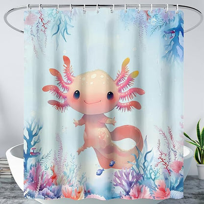 AILONEN Axolotl Shower Curtain for Bathroom,Watercolor Axolotl Coral Bath Curtain for Kids Girls,Ocean Animal Salamander Blue Shower Curtain Decoration Waterproof with 12 Plastic Hooks, 72" W*84" H