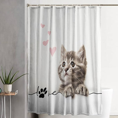 AILONEN 3D Kawaii Cat Shower Curtain, Fuzzy Ball Kitten Shower Curtain for Kids Girls Boys Bathroom Decor,Cute Pet Cat Lover Waterproof Shower Curtains Sets with Hooks,72" W*78" H