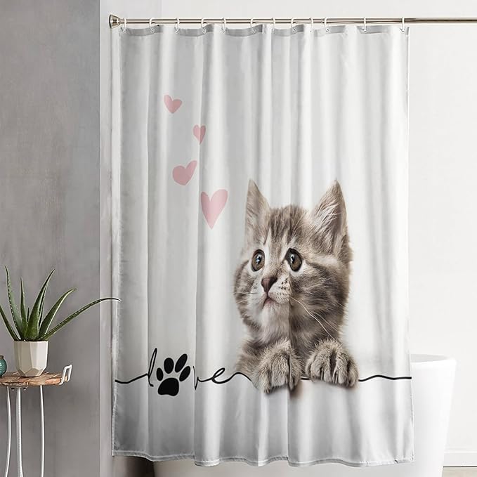 AILONEN 3D Kawaii Cat Shower Curtain, Fuzzy Ball Kitten Shower Curtain for Kids Girls Boys Bathroom Decor,Cute Pet Cat Lover Waterproof Shower Curtains Sets with Hooks,72" W*96" H