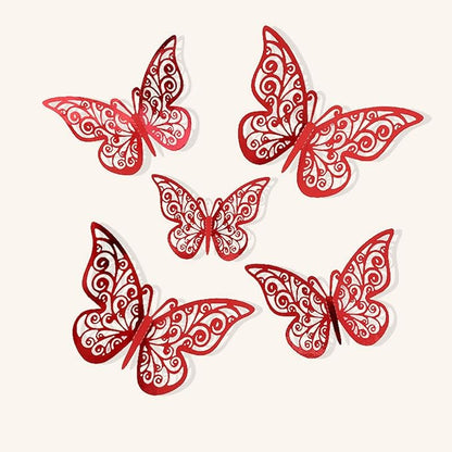 72Pcs 3D Butterfly Wall Decor 3 Sizes 3 Styles, Butterfly Decorations Party Birthday Cake Decoration, Removable Butterfly Wall Stickers for Kids Nursery Wedding Bedroom Room Decor(Red)