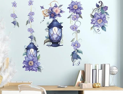 Hanging Flower Vine Wall Stickers Floral Lamp Wall Decals DIY Removable Peel and Stick Flower Vine Mural Art Decor for Living Room Bedroom TV Background Spring Party Decoration (Blue)