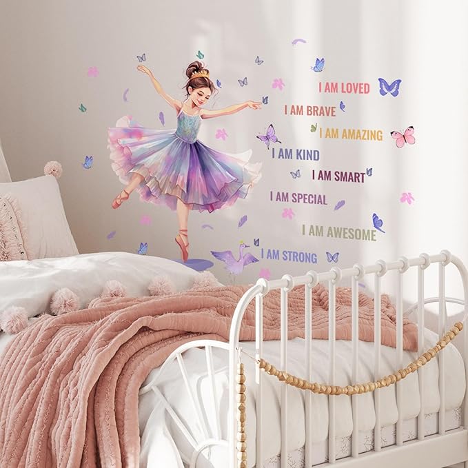 Butterfly Girl Wall Decals with Quotes, Colorful Butterflies and Motivational Lettering, Wall Stickers for Nursery, Girl Bedroom or Dance Room (MS7109)
