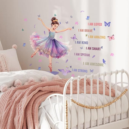 Butterfly Girl Wall Decals with Quotes, Colorful Butterflies and Motivational Lettering, Wall Stickers for Nursery, Girl Bedroom or Dance Room (MS7109)
