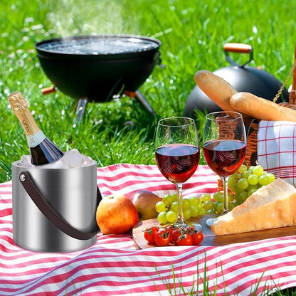 3L Large Ice Bucket with Lid, Ice Tong, Strainer & Leather Handle Keep Ice Frozen Longer Large Wine Ice Buckets for Parties,Cocktail Bar, Chilling Beer Champagne, Dark Brown Handle 3L