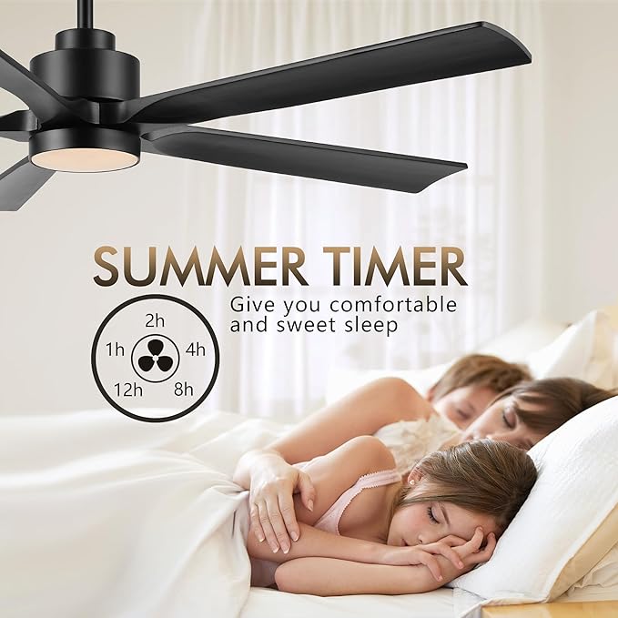 60" Modern Ceiling Fan with Lights and Remote Control, 5 Solid Wood Blades 6-Speed Noiseless Reversible DC Motor, Ceiling Fan for Bedroom Dinning Living Room, Black